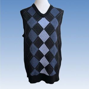 Stylish V-Neck Argyle Sweater Vest in Black and Blue size L